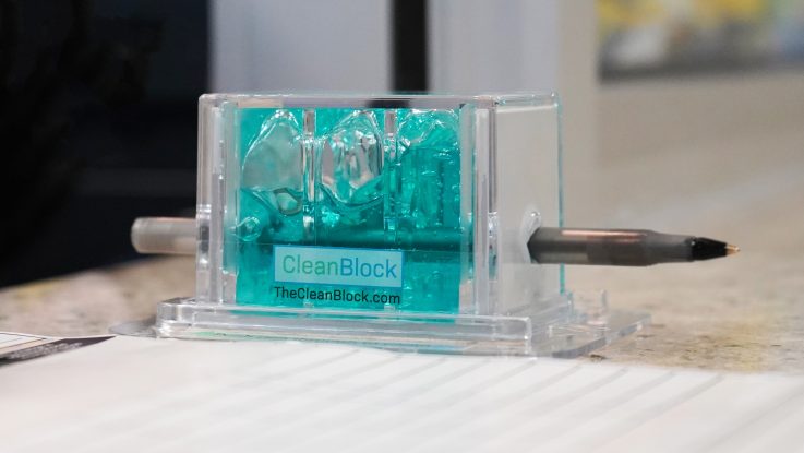 Pens at places like doctor’s offices and schools harbor viruses and bacteria that can make you sick, yet they are rarely cleaned. The CleanBlock sanitizes shared pens between users with a quick swipe.